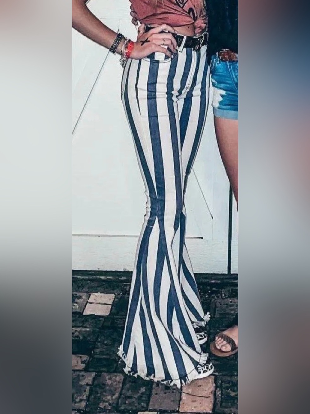 Striped Navy & White Flare Jeans - Picture 2 of 2